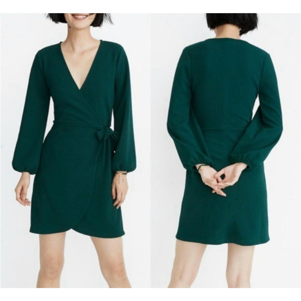 Madewell Mini Dress Womens Small Green Faux Wrap Long Sleeves Side Tie Office